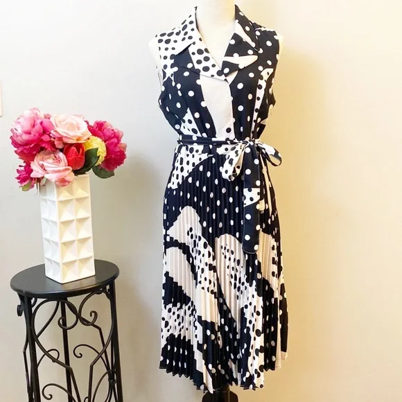 T TAHARI | Bloomingdale’s Polkadot Pleated Midi Dress women’s 10 - Picture 2 of 9